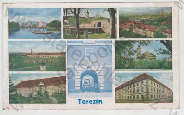  - Terezín (Litoměřice), více záběrů, řeka, loď, hradby, částečný záběr města, kolorovaná