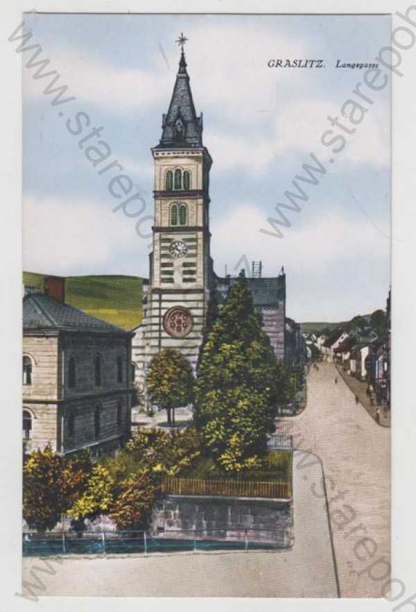  - Kraslice (Graslitz) - Sokolov, kostel, pohled ulicí, kolorovaná