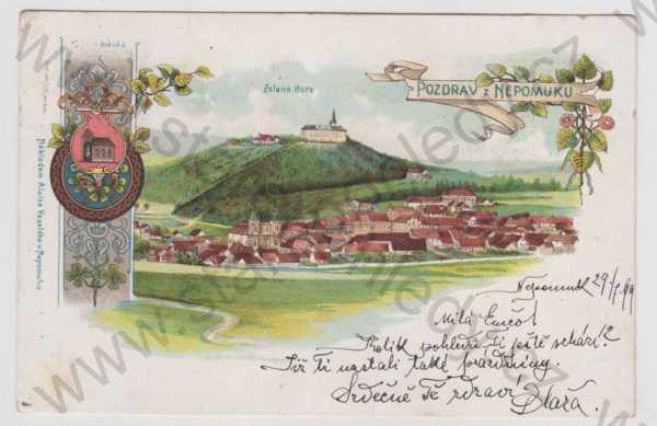  - Nepomuk (Plzeň - jih), celkový pohled, Zelená hora, erb, znak, kolorovaná, koláž, DA
