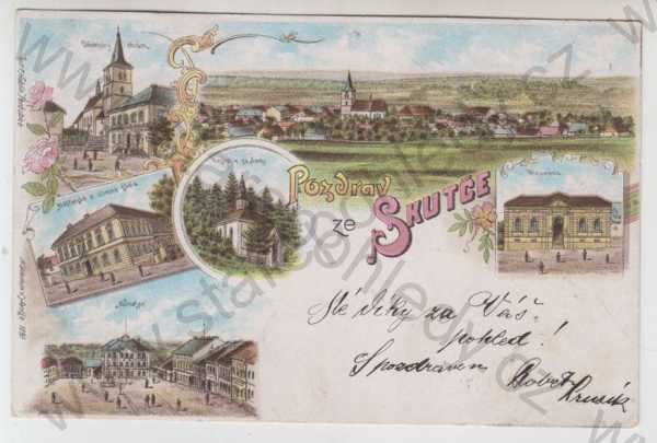  - Skuteč (Chrudim), více záběrů, celkový pohled, kostel, škola, kostelík, náměstí, tělocvična, kolorovaná, koláž, DA