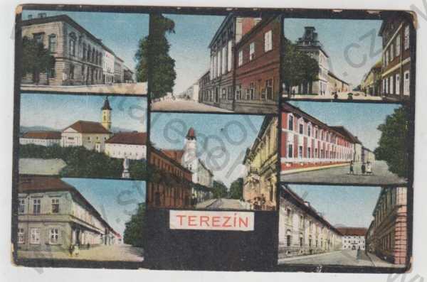  - Terezín (Litoměřice), více záběrů, pohled ulicí, kostel, částečný záběr města, kolorovaná, koláž