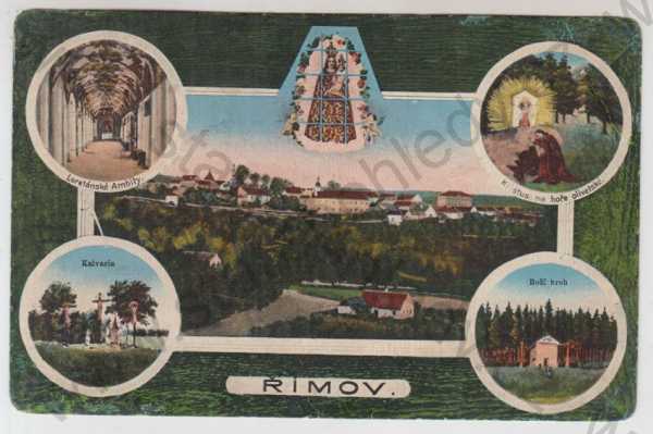  - Římov (České Budějovice), celkový pohled, Loretánské ambity, Kalvárie, Boží hrob, náboženství, Madona, kolorovaná, koláž