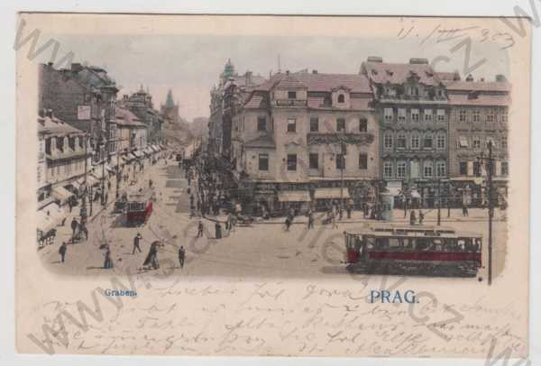  - Praha 1 (Prag), Příkopy, pohled ulicí, tramvaj, kolorovaná, DA