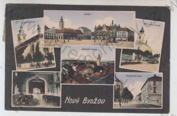  - Nový Bydžov (Hradec Králové), více záběrů, kostel, náměstí, celkový pohled, divadlo, pohled ulicí, kolorovaná, koláž