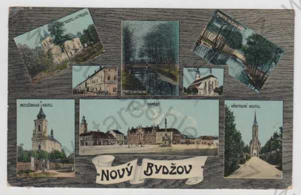  - Nový Bydžov (Hradec Králové), více záběrů, kostel, partie, Cidlina, náměstí, kolorovaná, koláž
