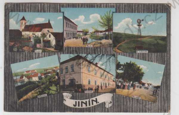  - Jinín (Strakonice), více záběrů, kostel, škola, U vodovodu, Zorkovice, hostinec, náves, kolorovaná, koláž