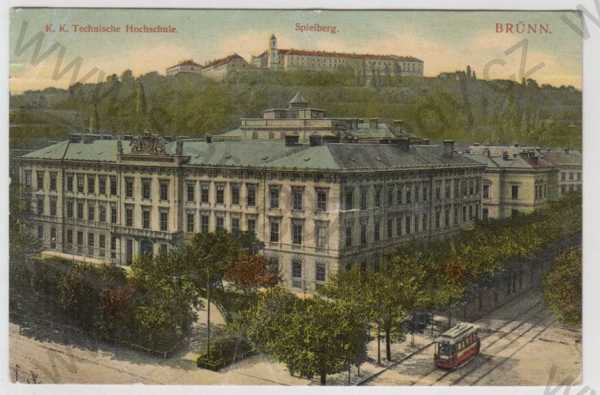  - Brno (Brünn), škola, Špilberk, tramvaj, kolorovaná