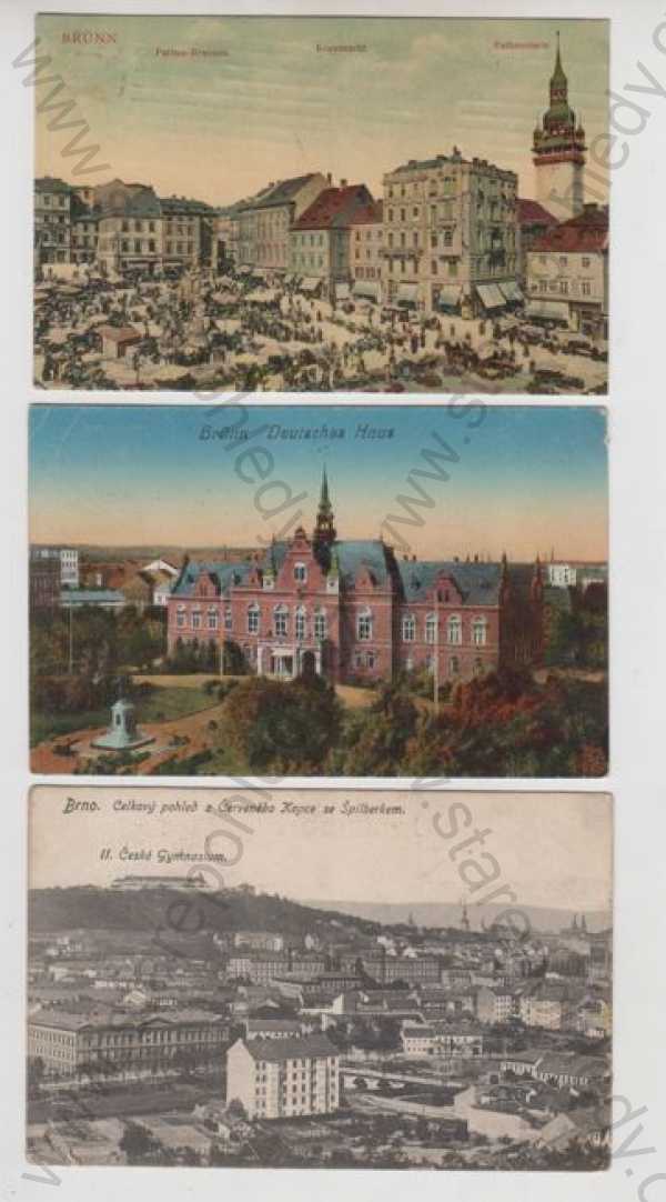  - 3x Brno (Brünn), náměstí, trh, Deutsches haus, gymnázium, Špilberk, kolorovaná