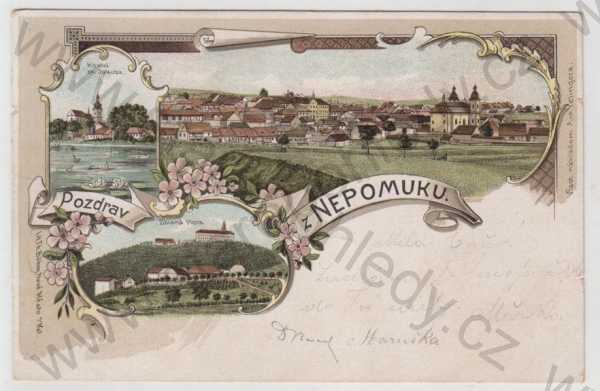  - Nepomuk (Plzeň - jih), více záběrů, celkový pohled, Zelená hora, kostel, kolorovaná, koláž, DA