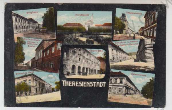  - Terezín (Theresienstadt) - Litoměřice, více záběrů, Deutsches haus, pohled ulicí, kostel, částečný záběr města, kolorovaná, koláž