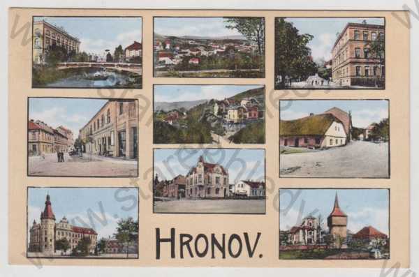  - Hronov (Náchod), více záběrů, celkový pohled, zvonice, pohled ulicí, částečný záběr města, kolorovaná