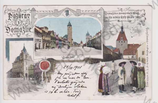  - Domažlice - náměstí, brána, kroj, koláž, kolorovaná, DA