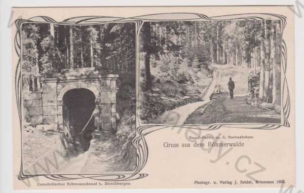  - Šumava - vodní kanál a Hirschenberský kanál na plavení dřeva u zaniklé obce Stožec, koláž, DA