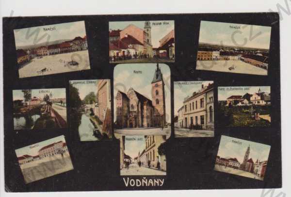  - Vodňany - Husova třída, náměstí, restaurace U sokolovny, Zeyerovy sady, Nádražní ulice, Vodňanské Benátky, U rechlí, koláž, kolorovaná