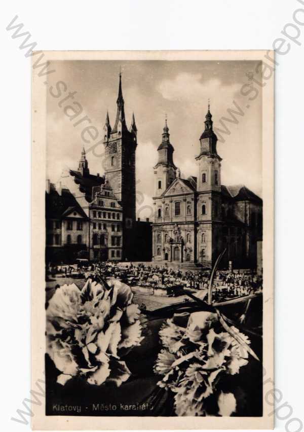  - Klatovy, částečný záběr města, koláž, karafiáty, foto J.Švec