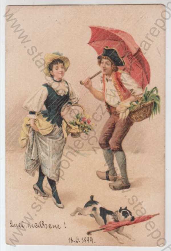  - Humor, muž, žena, déšť, deštník, květina, kolorovaná, DA