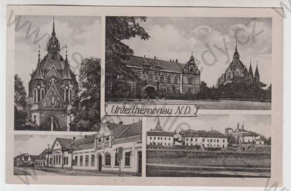  - Poštorná (Unterthemenau) - Břeclav, více záběrů, kostel, pohled ulicí, část města, zámek