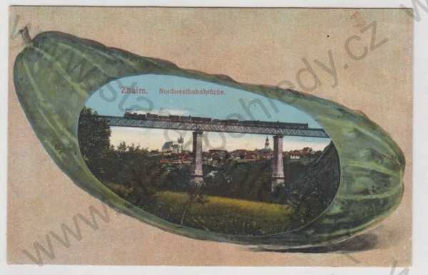  - Znojmo (Znaim), celkový pohled, most, viadukt, vlak, okurka, koláž, kolorovaná
