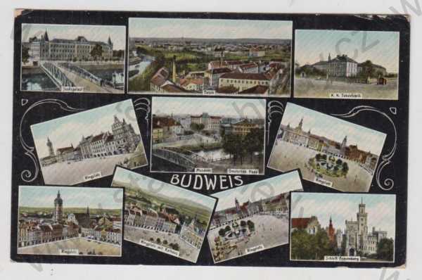  - České Budějovice (Budweis), více záběrů, celkový pohled, most, továrna, tabák, náměstí, Deutsches haus, náměstí, Zámek Hluboká, kolorovaná, koláž