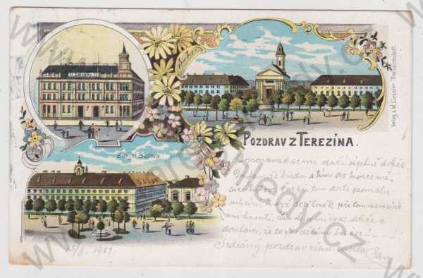  - Terezín (Litoměřice), více záběrů, záložna, náměstí, žinijní budova, kolorovaná, koláž, DA