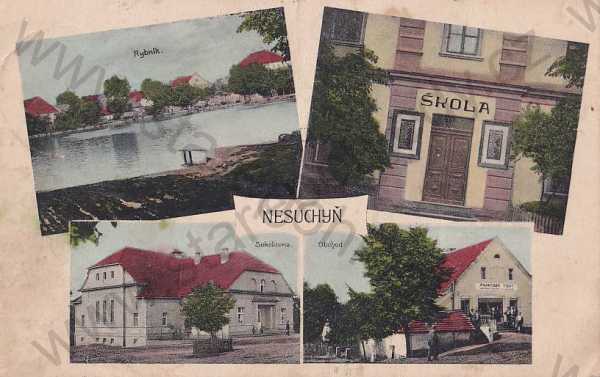  - Nesuchyň (Rakovník), škola, rybník, sokolovna, obchod, barevná