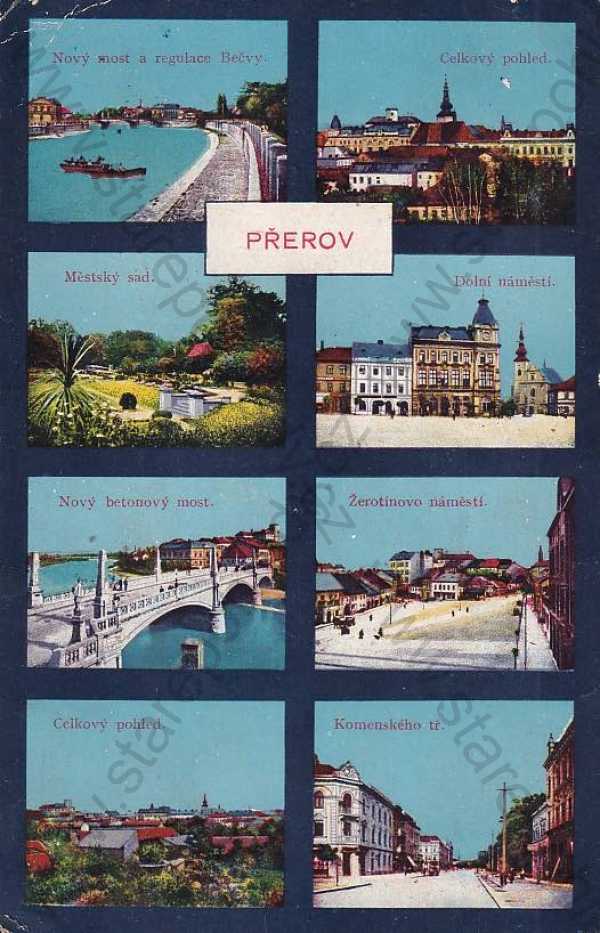  - Přerov, více záběrů: most, Bečva, celkový pohled, sad, náměstí, barevná