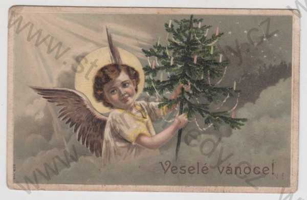  - Vánoce, anděl, stromeček, kolorovaná, plastická karta