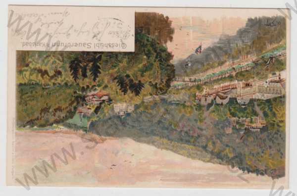  - Kyselka (Sauerbrunn) - Karlovy Vary, řeka, loď, částečný záběr města, kolorovaná, DA