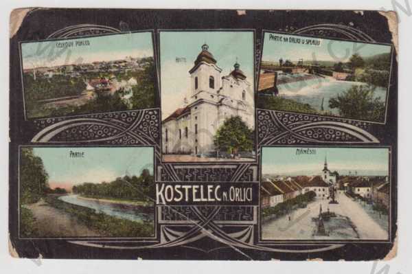  - Kostelec nad Orlicí (Rychnov nad Kněžnou), více záběrů, celkový pohled, partie, kostel, Orlice, splav, náměstí, kolorovaná, koláž