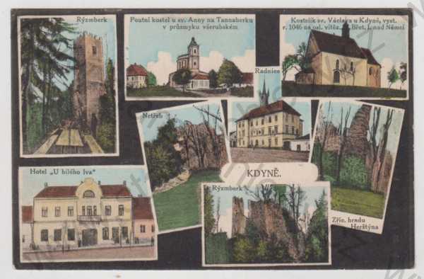  - Kdyně (Domažlice), více záběrů, Rýzmberk, hotel, kostel, Netřeb, Herštýn, kolorovaná, koláž