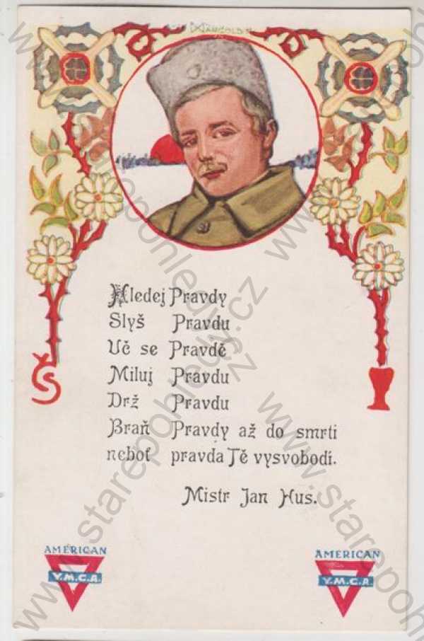  - Umělecké, muž, uniforma, Mistr Jan Hus, Y.M.C.A., kolorovaná