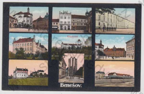  - Benešov, více záběrů, kostel, kasárny, nádraží, Konopiště, částečný záběr města, kolorovaná