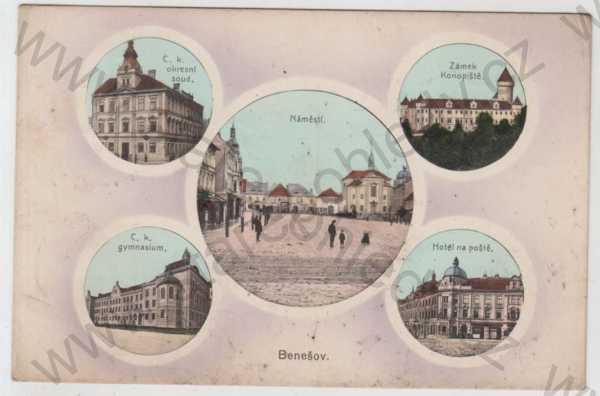  - Benešov, více záběrů, soud, náměstí, Zámek Konopiště, gymnázium, hotel, kolorovaná