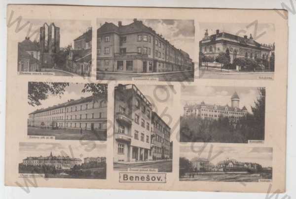  - Benešov, více záběrů, zřícenina, klášter, pohled ulicí, sokolovna, kasárna, nemocnice, škola, Konopiště, nádraží