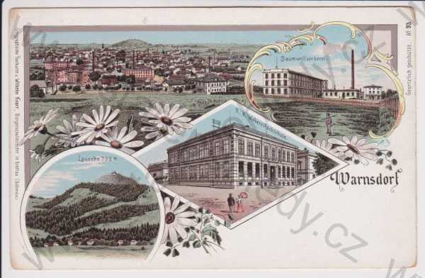  - Varnsdorf - celkový pohled, továrna, Luž, škola, litografie, DA, koláž, kolorovaná