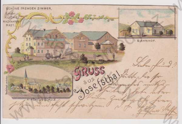  - Josefův Důl - restaurace, kostel a škola, nádraží, litografie, DA, koláž, kolorovaná