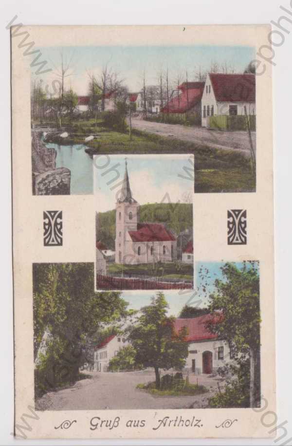  - Artholec - kostel, střed obce, partie, kolorovaná