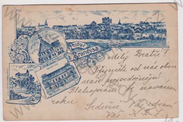  - Brandýs nad Labem - Vorläufer 1899, koláž, DA - celkový pohled, radnice, okresní dům, zámek