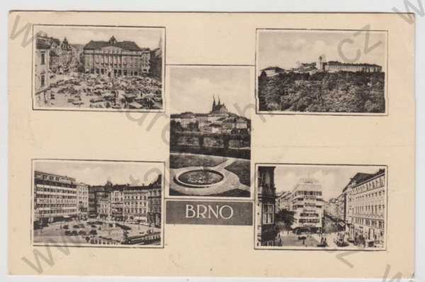  - Brno, více záběrů, náměstí, Špilberk, tramvaj, částečný záběr města