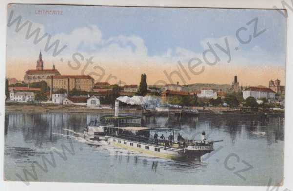  - Litoměřice (Leitmeritz), řeka, loď, parník, částečný záběr města, kolorovaná