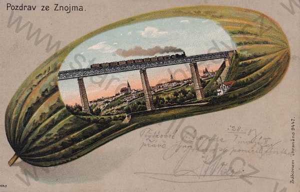  - Znojmo Znaim, železniční most, kostel, okurka, vlak, barevná