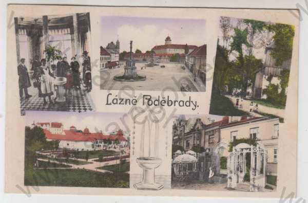  - Lázně Poděbrady (Nymburk), více záběrů, náměstí, pramen, částečný záběr města, kolorovaná, koláž