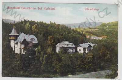  - Kyselka (Gieshübl Sauerbrunn) - Karlovy Vary, vila, částečný záběr města, kolorovaná