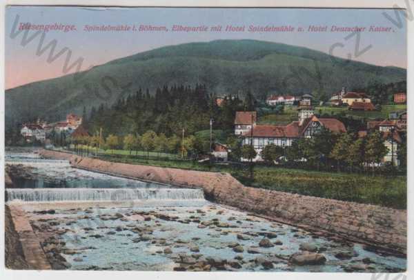  - Špindlerův Mlýn (Spindelmühle) - Trutnov, hotel, řeka, Krkonoše, kolorovaná