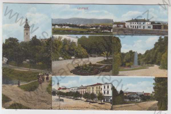  - Lipník nad Bečvou (Leipnik) - Přerov, více záběrů, věž, celkový pohled, nádraží, náměstí, park, kolorovaná
