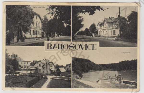  - Radošovice (Říčany), více záběrů, hotel, pohled ulicí, koupaliště, částečný záběr města