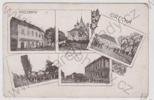  - Ořech (Praha - západ), více záběrů, kostel, náves, škola, částečný záběr města