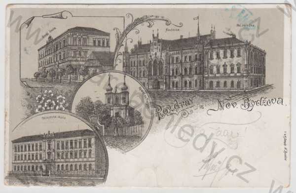  - Nový Bydžov (Hradec Králové), více záběrů, škola, radnice, kostel, koláž, DA