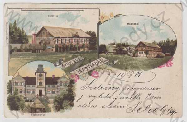  - Mostek (Mastigbad) - Trutnov, více záběrů, Badenhaus, restaurace, kolorovaná, koláž, DA