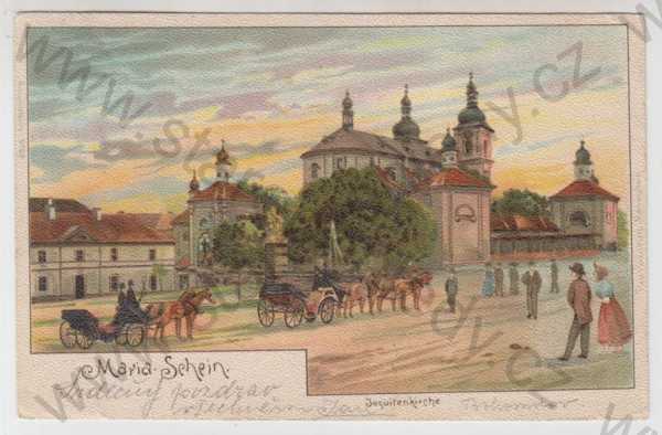  - Bohosudov (Mariaschein) - Teplice, náměstí, kostel, kůň, kočár, kolorovaná, DA